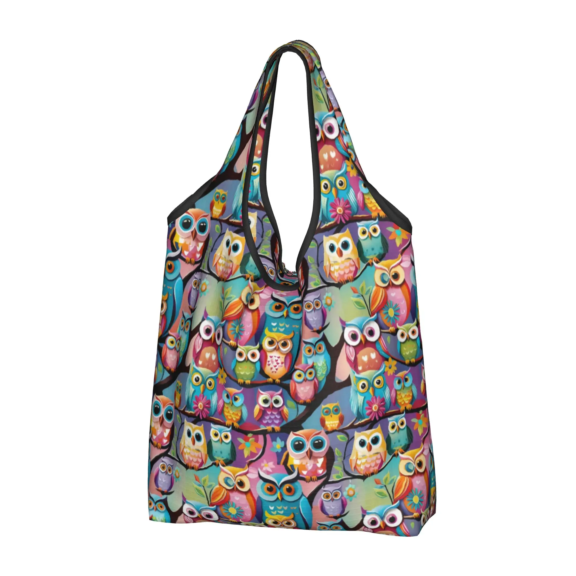 Custom Funny Colourful Creative Owl Printed  Shopping Bags Women Portable Big Capacity Grocery  Shopper Tote Bags