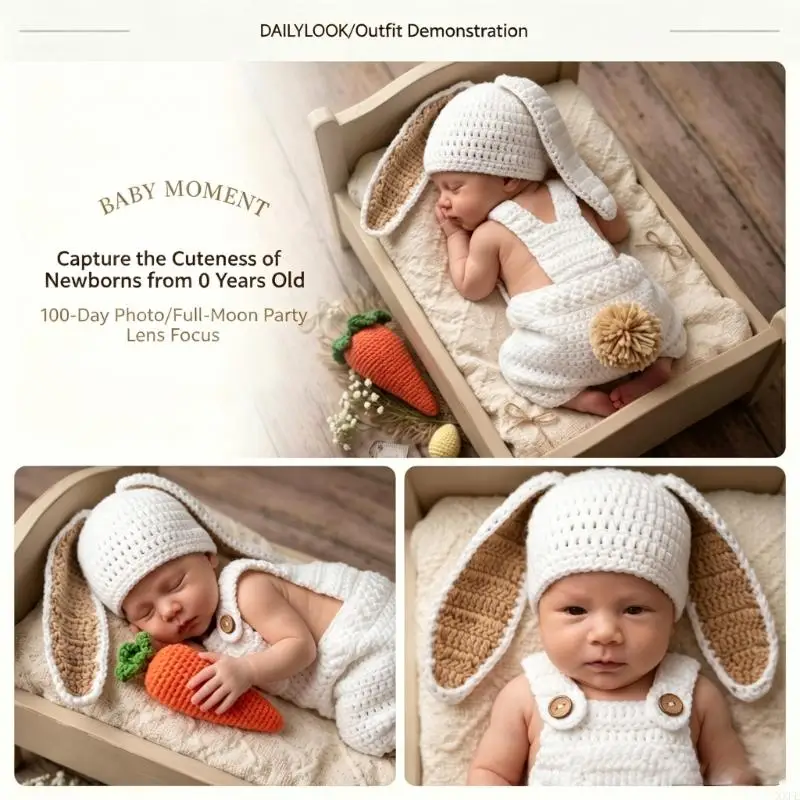 Crochet Knitted Newborn Photography Props Clothes Rabbit Theme Baby Romper with Hat for 0-3 Months Baby Studio Photo Shooting