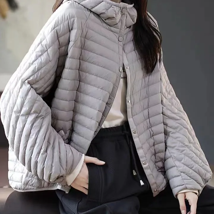 High-End Lightweight down Cotton Jacket with Hood Windproof Breathable Striped Design for plus Size Women Winter Coat