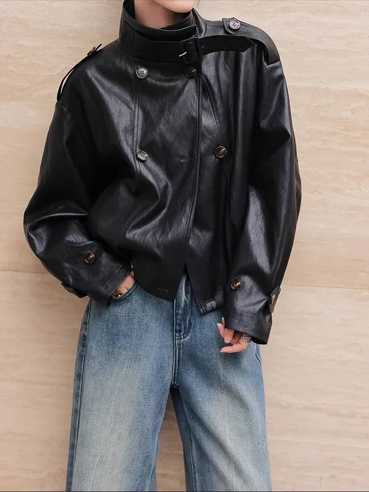 Women Retro Solid Short Leather Jacket Fashion Stand Collar Full Sleeve Double Breasted Loose Jackets Lady Daily Highstreet Coat