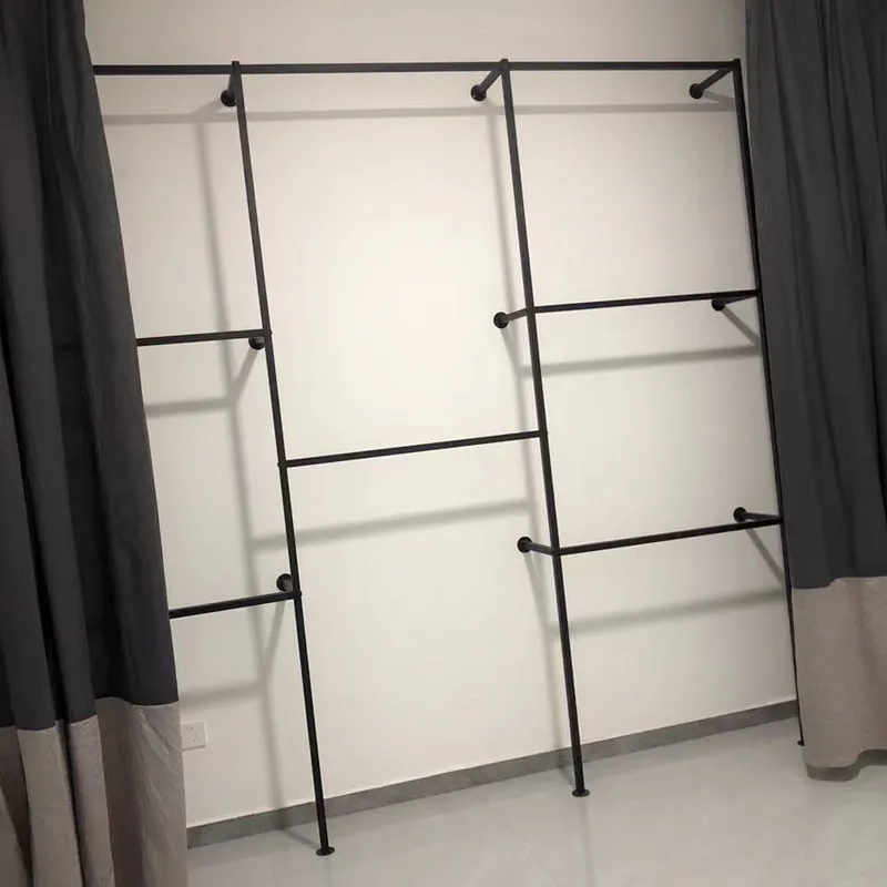 Wall-mounted clothes rack, clothing store display rack, double-layer clothes pole, household bedroom metal coat rack
