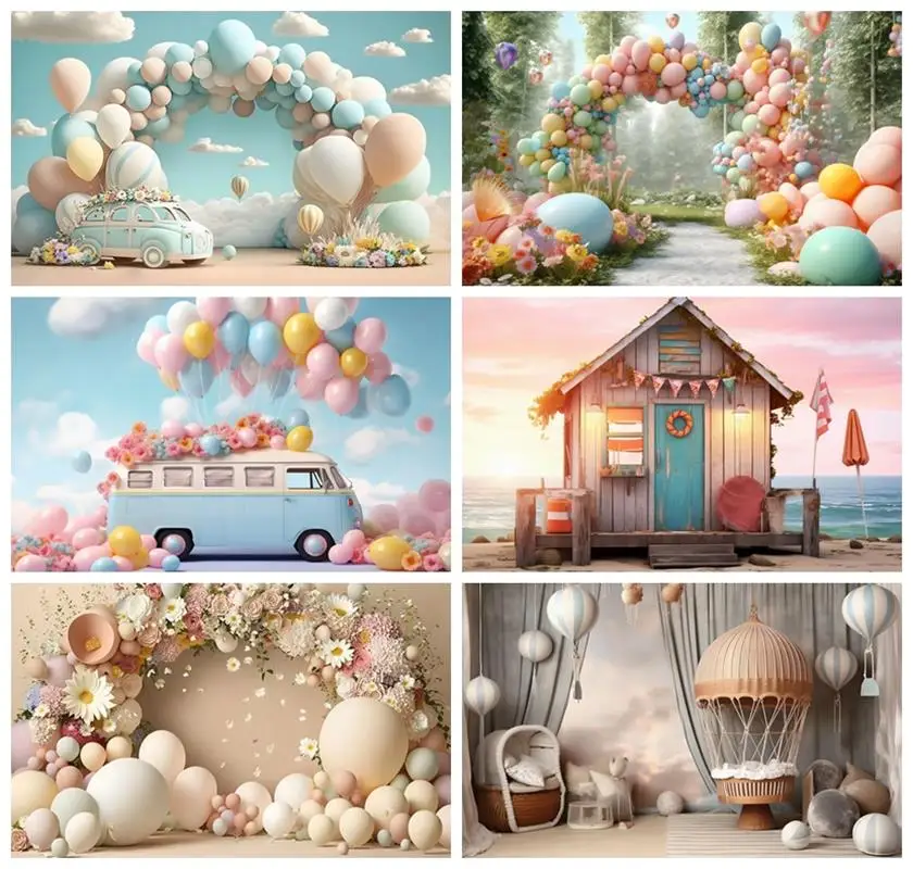 Laeacco Blue Sky Cloud Balloons Car Birthday Photography Backdrop Colorful Balloons Rainbow Arch Cake Smash Portrait Background