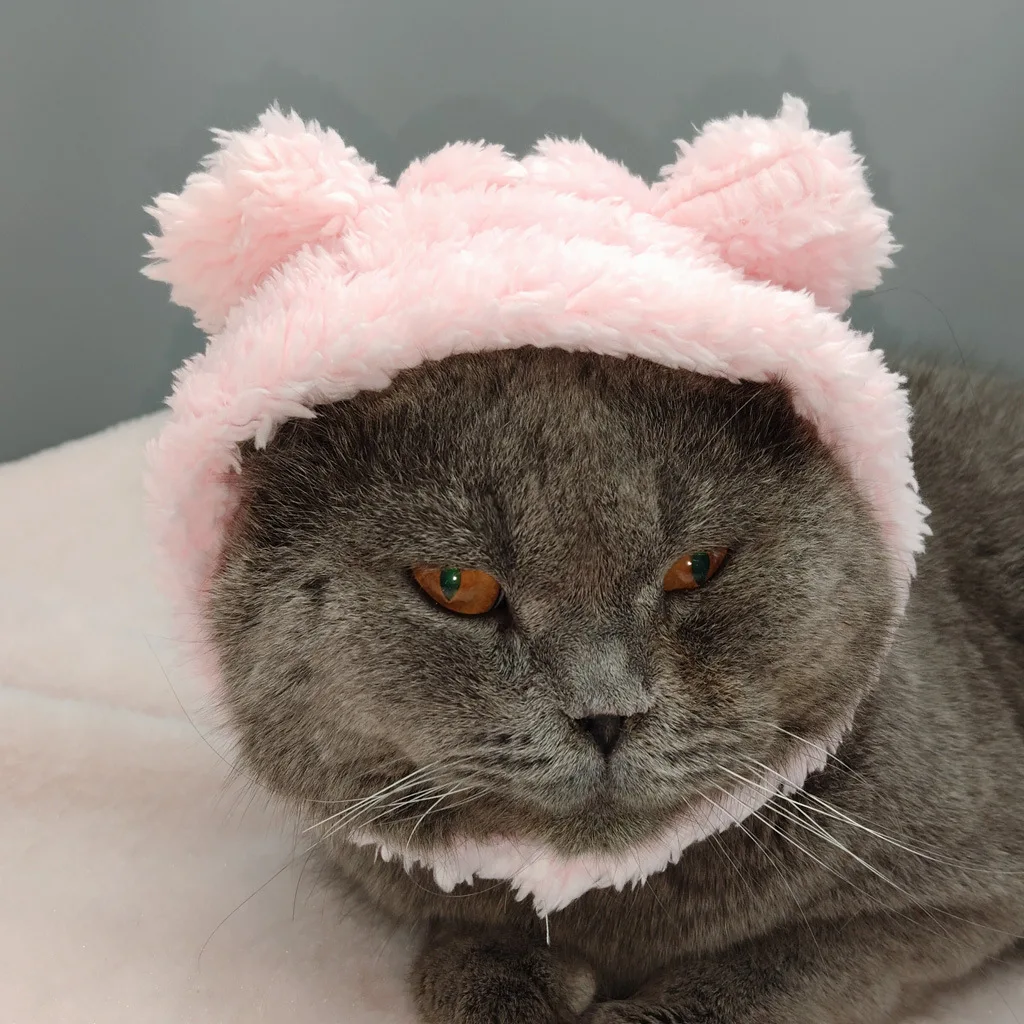 Cute Cat Hat Soft Plush Fluffy Warm Headwear Cap Puppy Small Pet Dog Adjustable Costume Rabbit Bear Kitten Fancy Party Cosplay