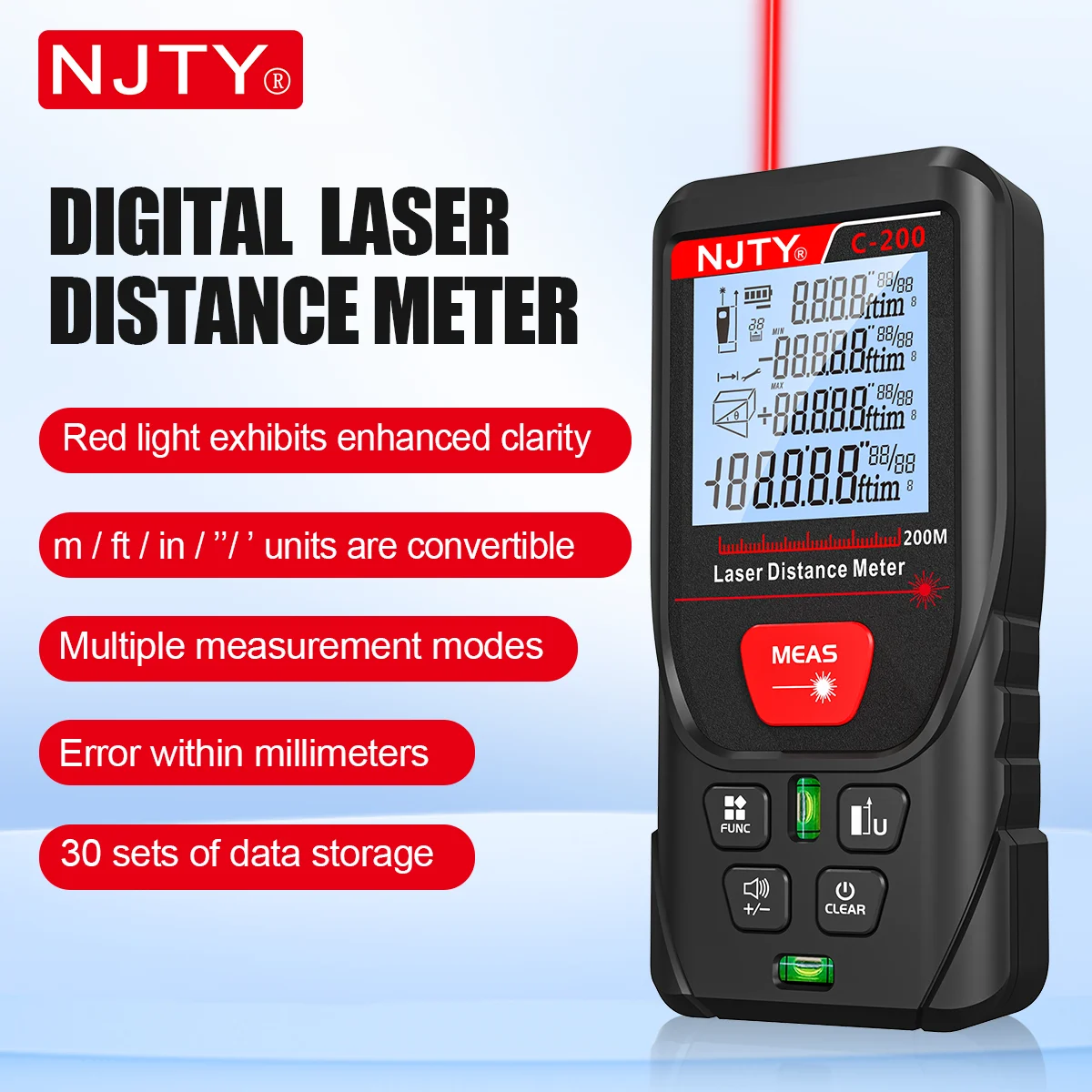 NJTY 50 m 100 m 200 m Lasermessgerät Digitales Handbandmaß ROTER Laser mit tragbarer Tasche Lanyard Datenaufzeichnungen IP54 Entfernungsmesser – Detail 1