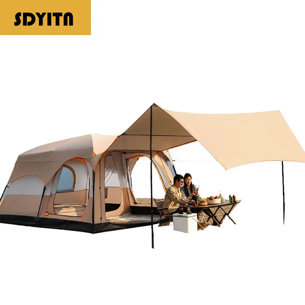 

Deluxe Outdoor Camping Tent with Two Rooms and a Hall, Extendable Canopy, Sun and Rain Protection, Double-layered and Thickened