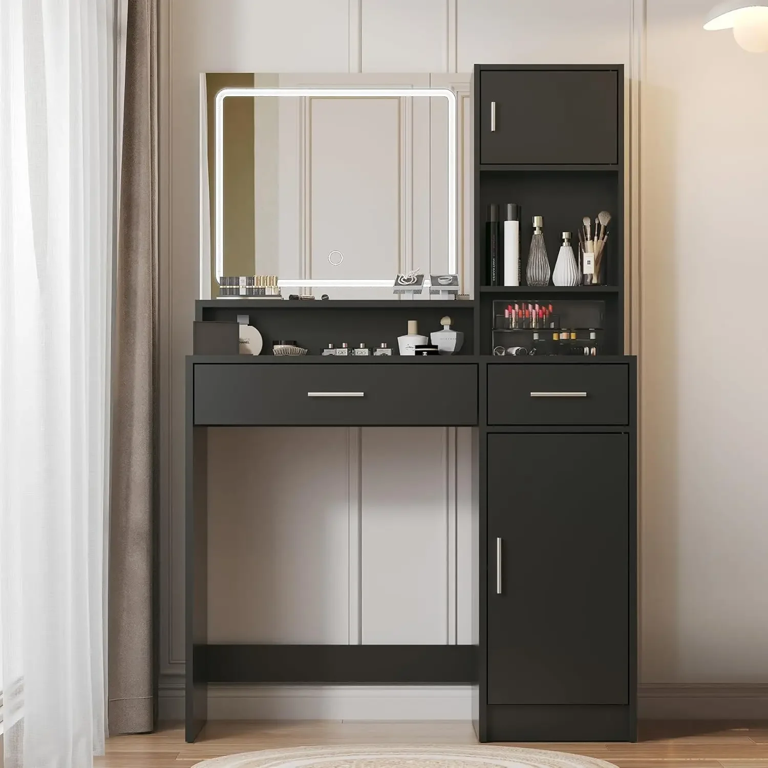 

Vanity Desk with Mirror and LED Light Strip,Dressing Table with Large Drawer, 3 Level Storage Dresser & 3 Lighting Modes