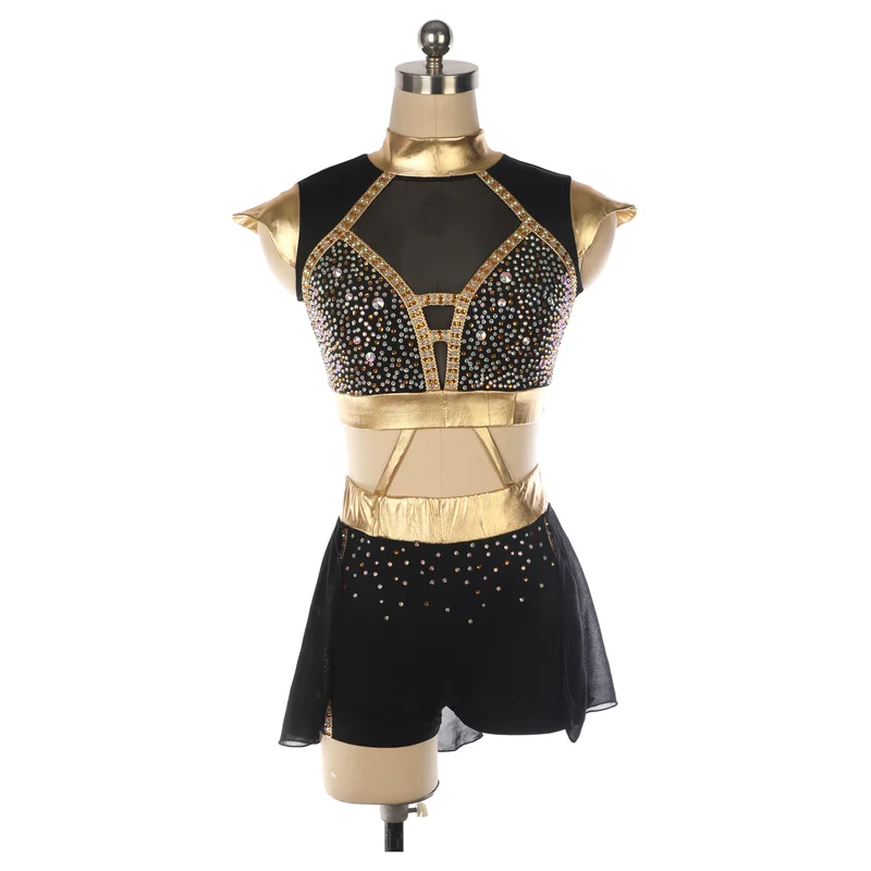 Aerial Yoga Pole Dance Costume Performance Competition for Women and Adults with Multiple Diamonds in Black and Gold