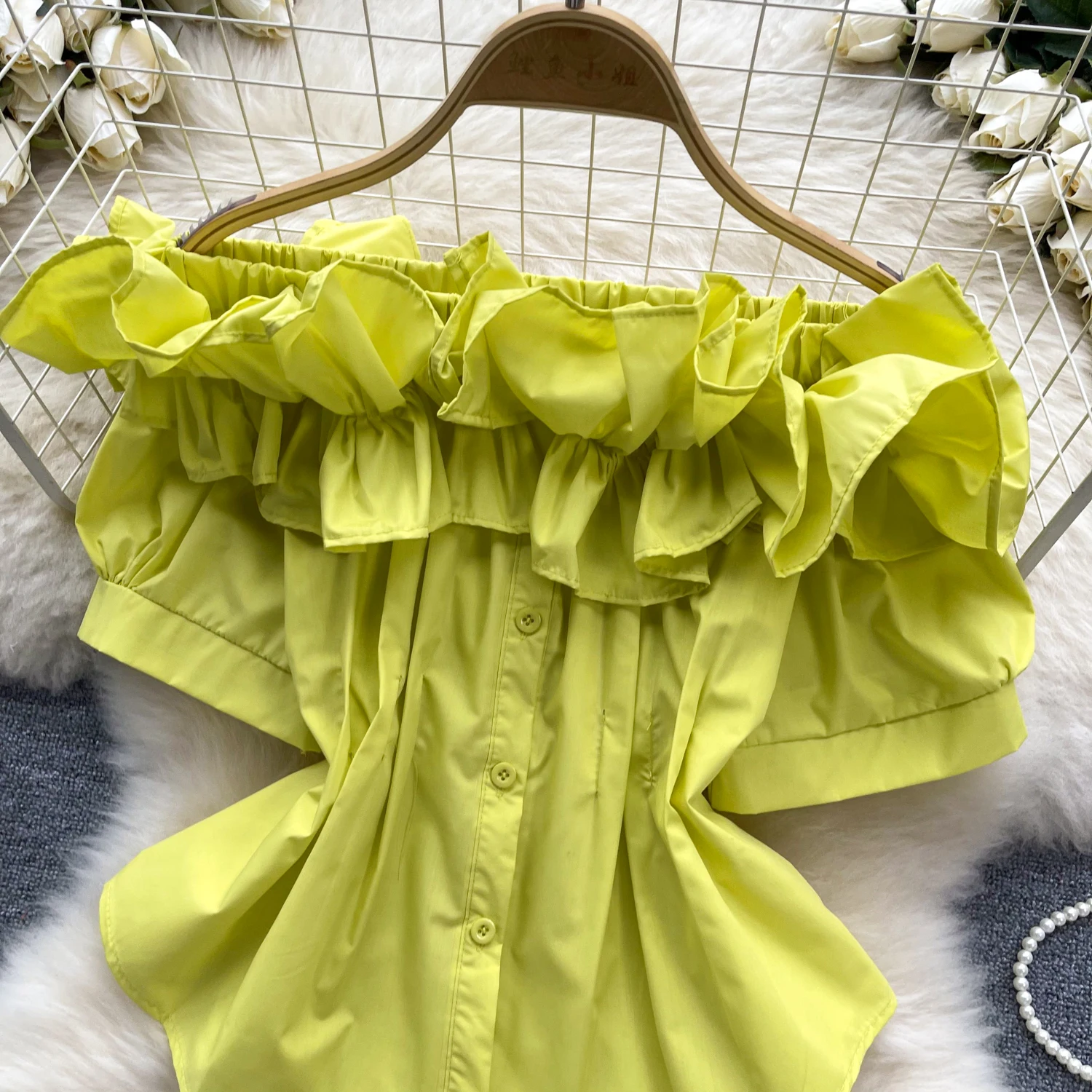 Chic Sweet  off shoulder ruffle basics Blouse Elegant French Fashion Sexy Shirt Spring Summer Women Top