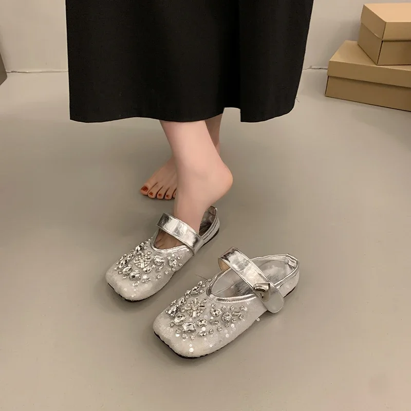 

Women's Square Toe Slippers Fashion Snap Upscale Fairy Diamonds Sequins Flat Sandals Comfortable Soft Sole Baotou Women's Shoes
