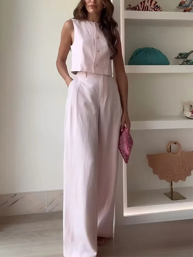 KONDALA Casual Office Lady Chic Pink Women Suit Solid O-Neck Buttons Vest Straight Loose Pants Fashion 2025 Spring Summer Set