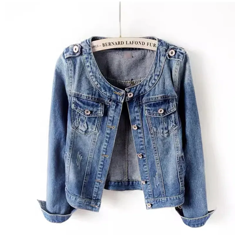 

2024 Spring Autumn Korean Short Round Neck Long sleeved Denim Coat Slim Women's Jacket Vintage Casual Student Outwear Tops