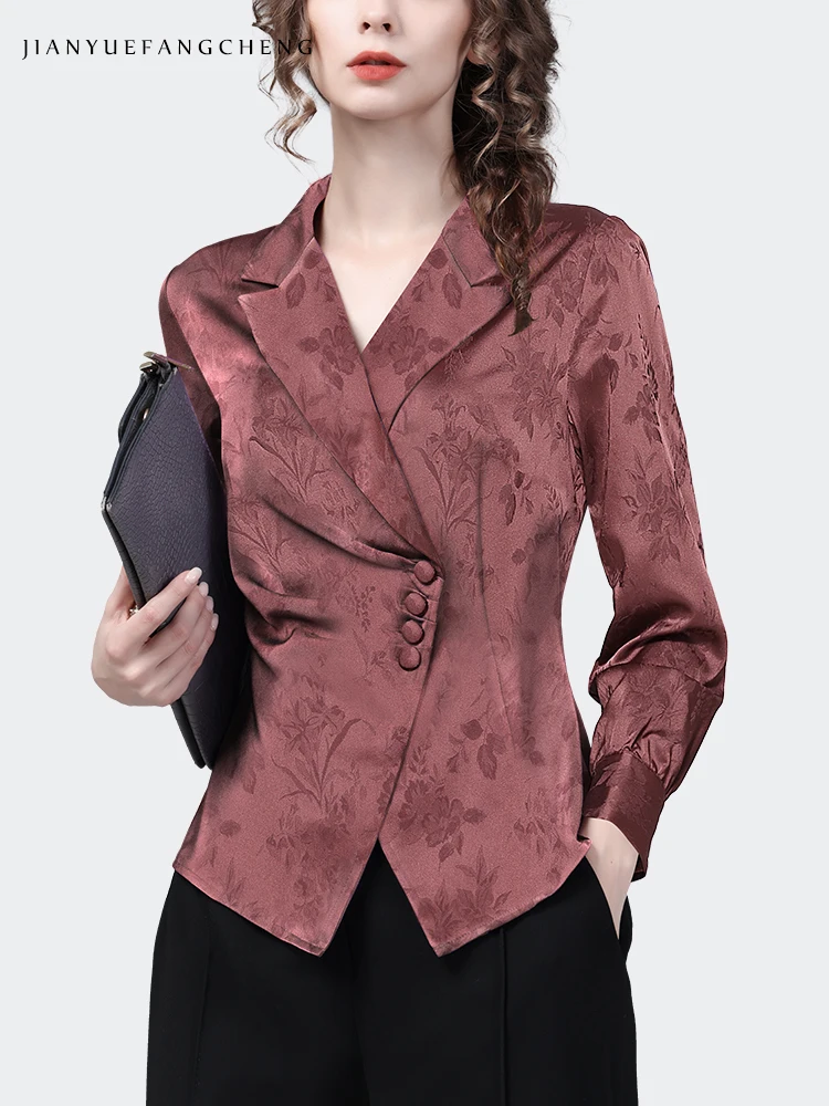 Vintage Jacquard Women Suit Collar Floral Shirt 2023 Autumn New Long Sleeve Elegant Slim Button-down Tops Fashion Office Blouses