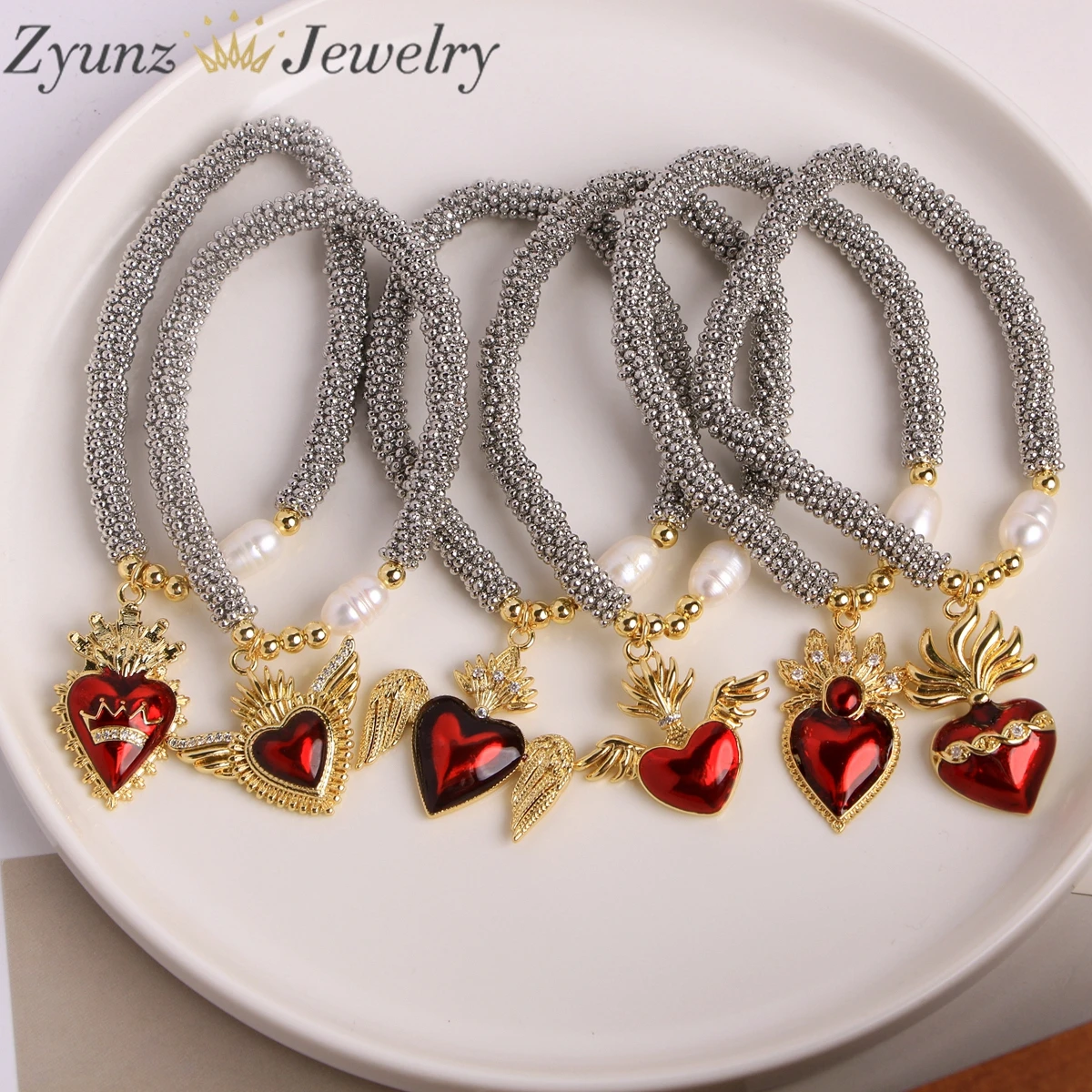 5PCS, Gold Color Red Heart Enamel Cubic Zirconia Pendant Pearl Silver Flower Beads Bracelet Accessory  Charm For Women Men Gift