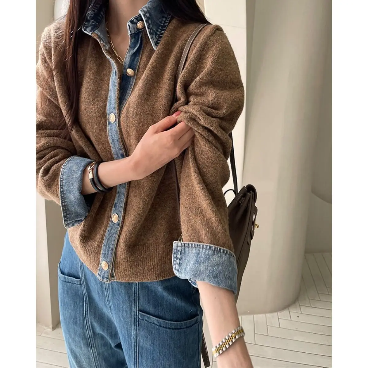 Wool Knitted Sweater Women's Autumn Korean High-end Sense Lazy Style Fashion Denim Splicing Cardigan Top