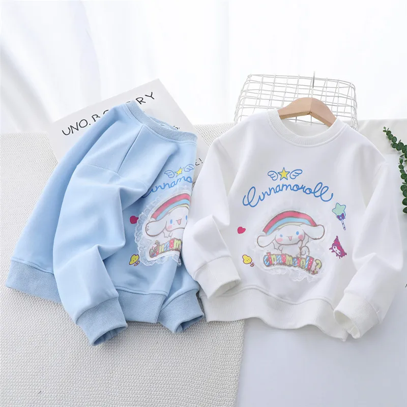 

2024 New Girls Cinnamoroll Hoodie Sanrio Kawaii Anime Autumn Children Clothes Cartoon Cute Top Round Neck Gift for Kids