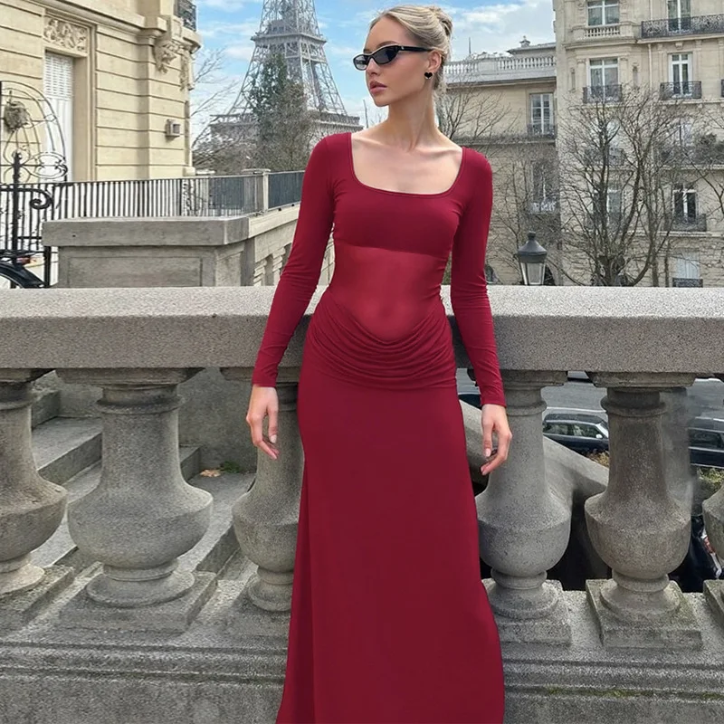 Blifanbo outono u pescoço malha maxi vestido feminino retalhos ver através de manga longa festa vestido longo elegante moda sexy vestido