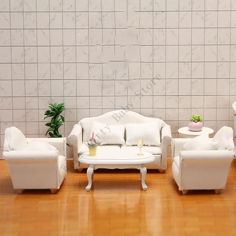 

3pcs 1/12 Scale Dollhouse Miniature Modern White Loveseat Single Sofa with Pillow Mini Arm Chair Couch Model Dollhouse Furniture