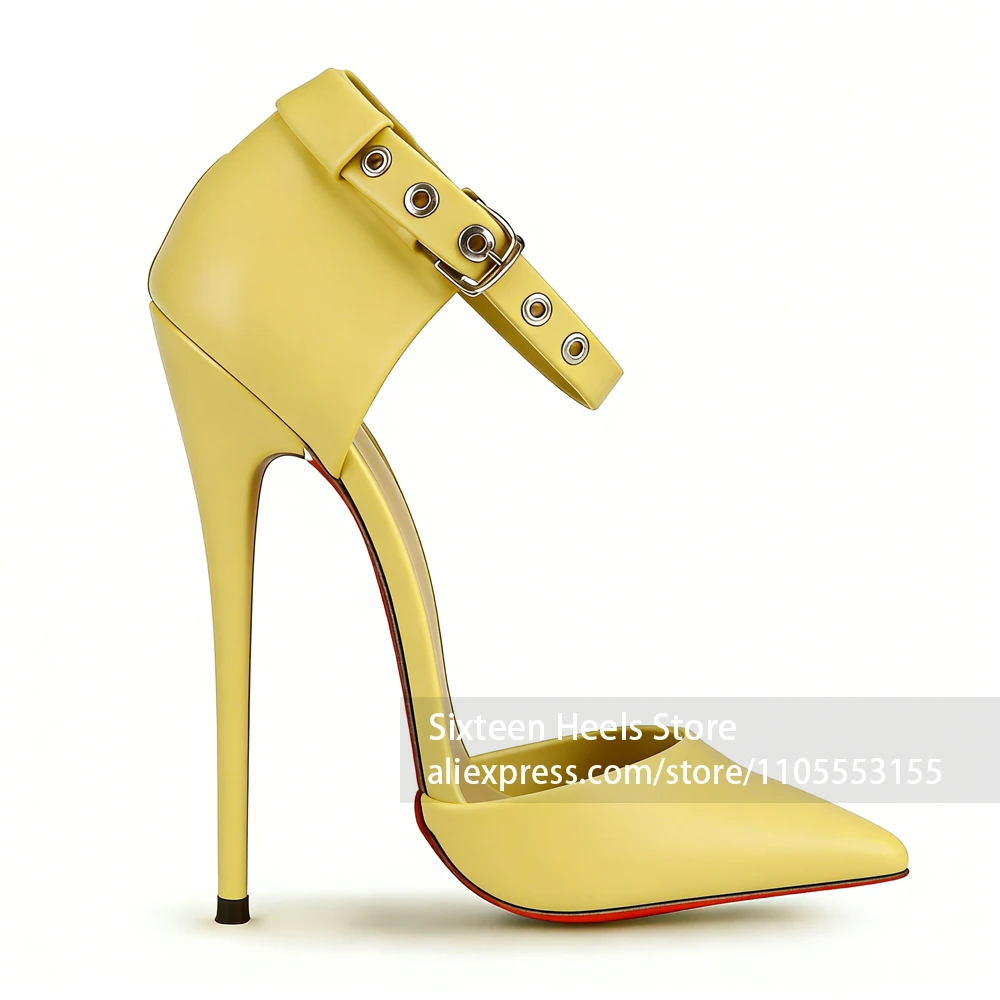 

16cm Metallic Circle High Heels Sexy Style Pointed Toe Ankle Buckle Pumps Lacquered Heel Side Opening Women Stilettos Customized