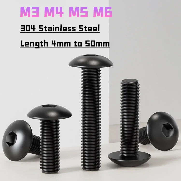 M3 M4 M5 M6 Black 304 Stainless Steel Hexagon Hex Large Pan Round Head Screw Bolt Length 4/5/6/8/10/12/14/16/18/20/25/30~50mm