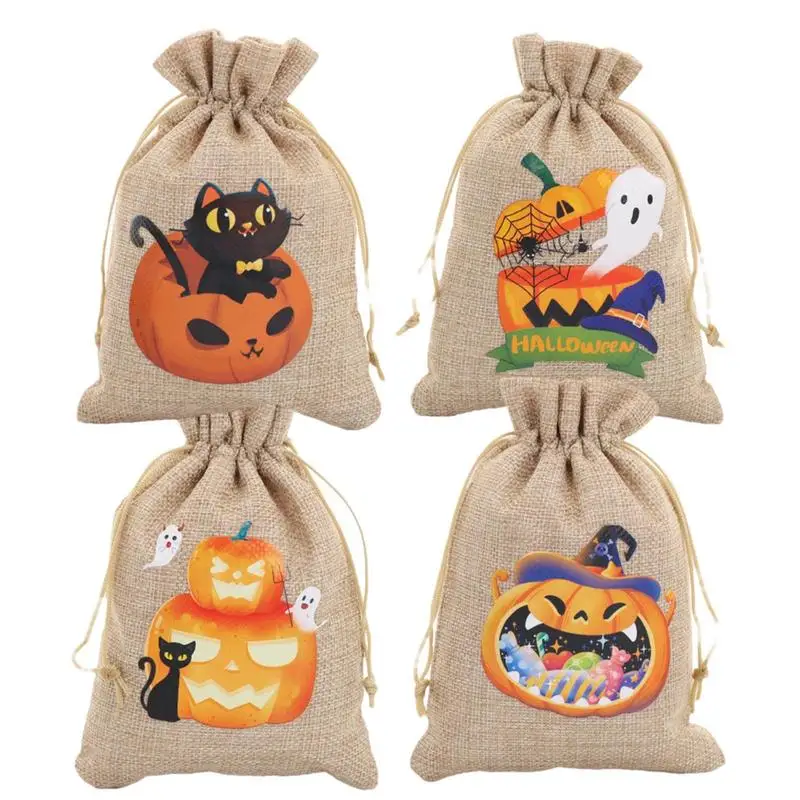 Halloween Gift Bags With Drawstring Ghost Pumpkin Theme Gift Bags Halloween Themed Non-woven Jute Sacks 4pcs Trick Or Treat Gift