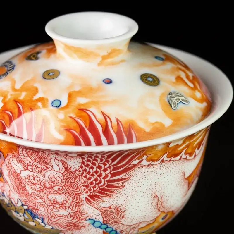 Hand-Painted Aluminous Red Underglaze Flying Pixiu Cup, Jingdezhen Handmade Ceramic Tea Set Gaiwan