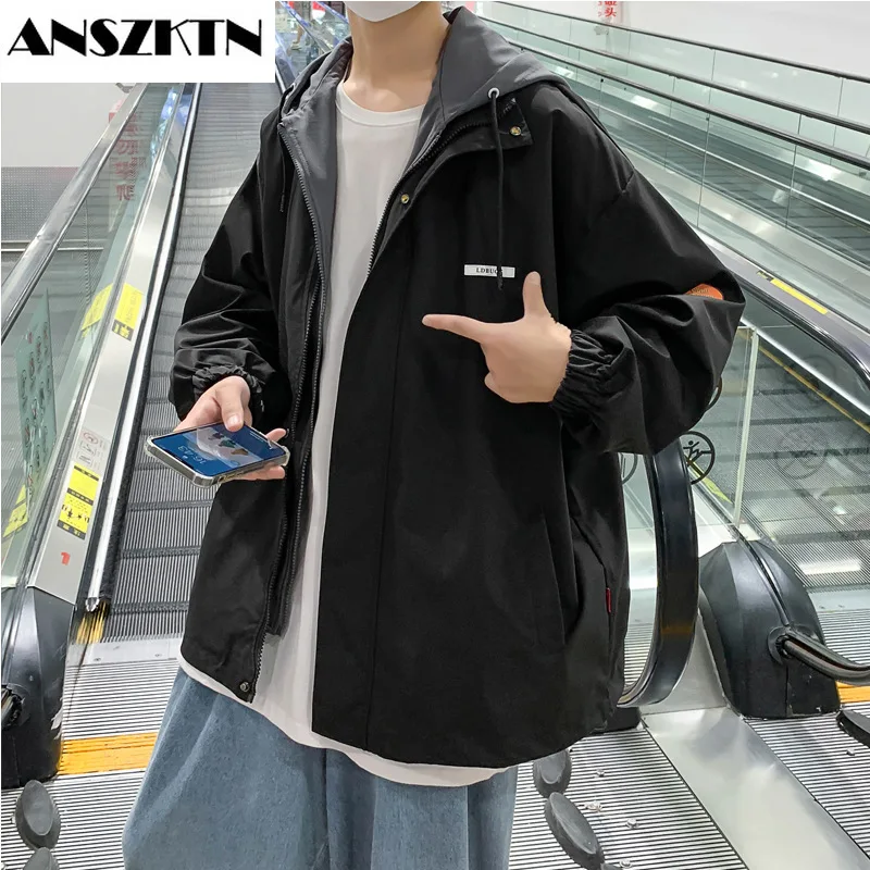 

ANSZKTN 2022 New men's fashion Korean fake two cargo jacket teenagers coat hoodie loose