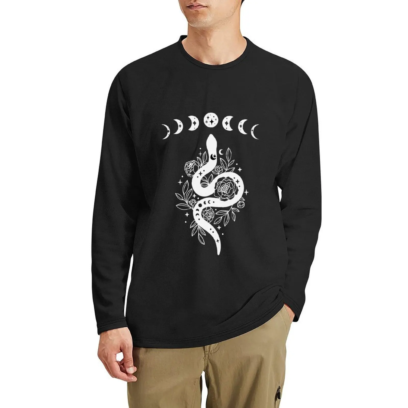 Celestial Snake, Mystical Lunar Snake, Celestial Mystical Floral Moon Snake Long T-Shirt