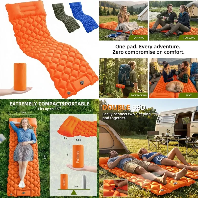 Sleeping Pad Camping Foldable Inflatable Mattress Ultralight Built-in Pump Built-In Headboard Dual Valve Compact Lightweight