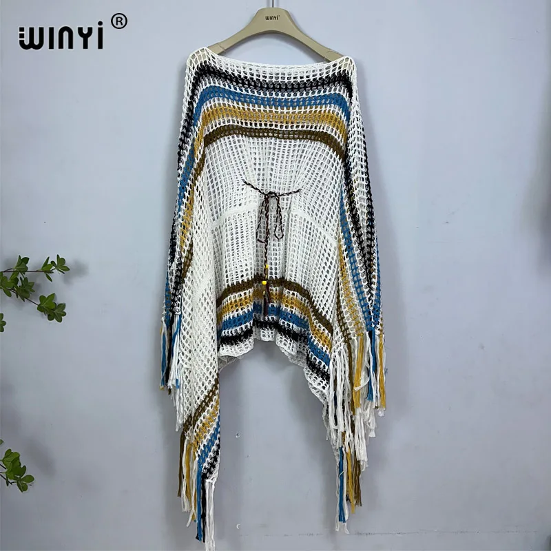 WINYI new summer Rainbow printed openwork sexy beach knit tassels dress Bikini Cover-up Women Beachwear Swimsuit Cover Up dress