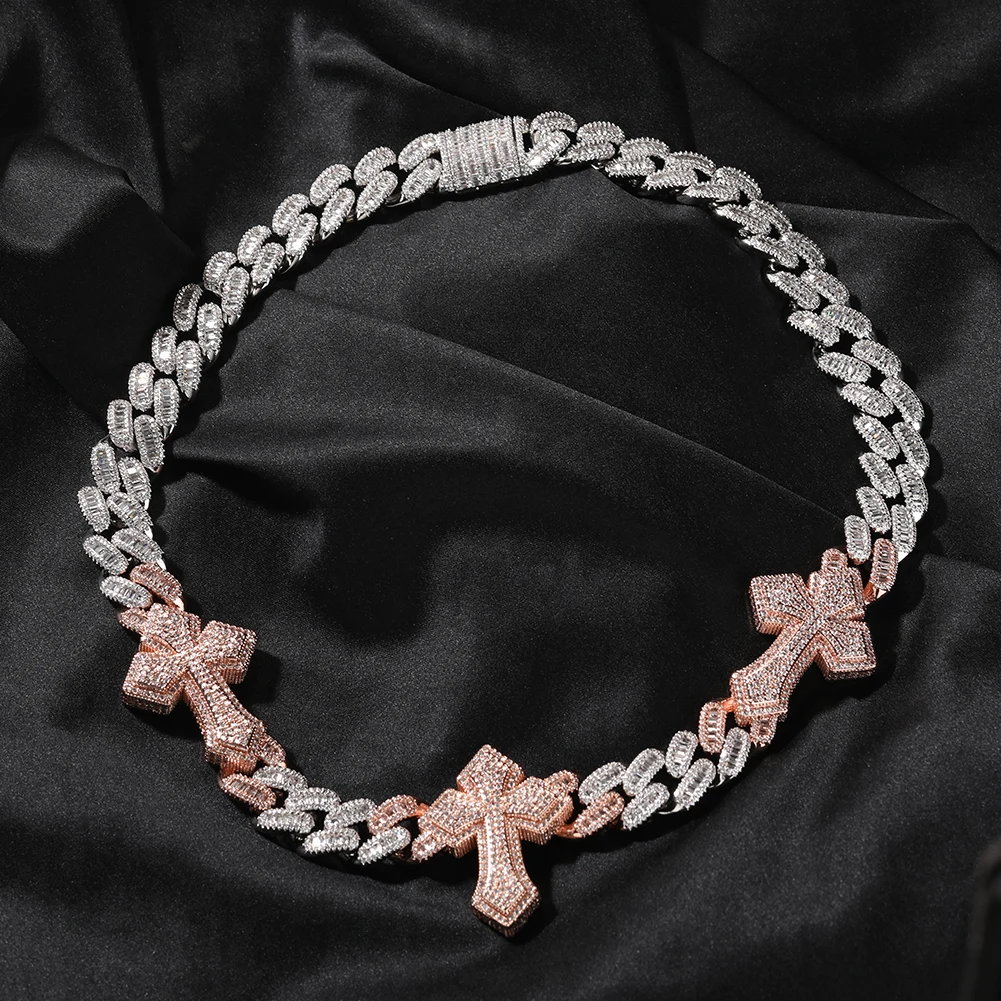 UWIN 15mm Cuban Chain  With 3 Cross Necklace Full Iced Out CZ Link Cubic Zircon Fashion Luxurious Choker HipHop Jewelry