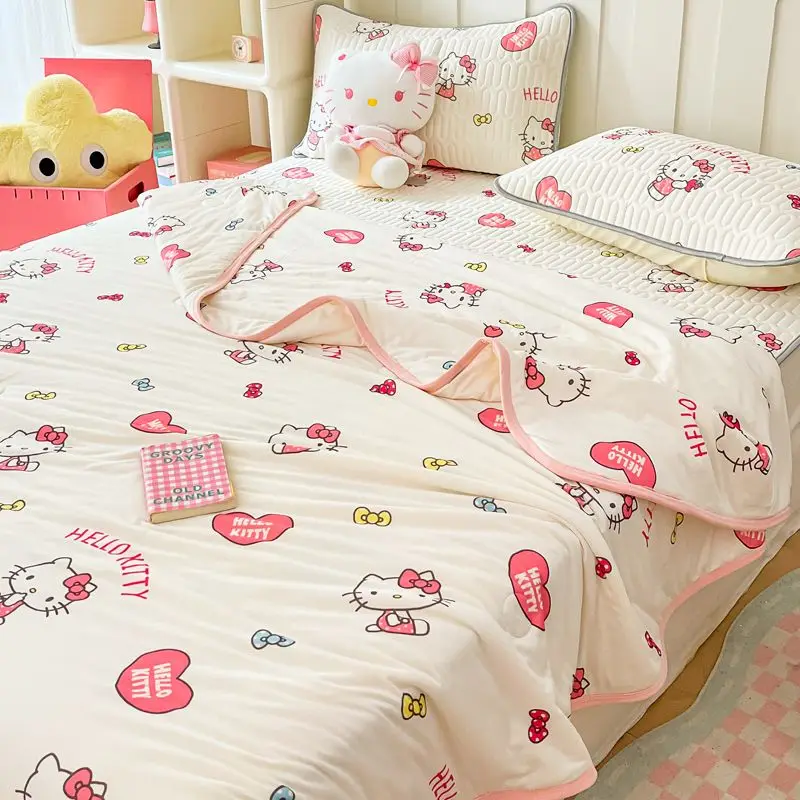 Hello Kitty Kawaii cute cartoon latex ice silk mat student dormitory summer air-conditioned soft mat mattress three-piece set