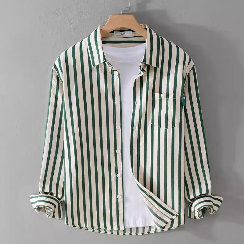 Men's Casual Striped Shirt Thin Long Sleeve Spring Autumn Business Loose Fit Polyester Fiber Easy Care Classic Style Coat