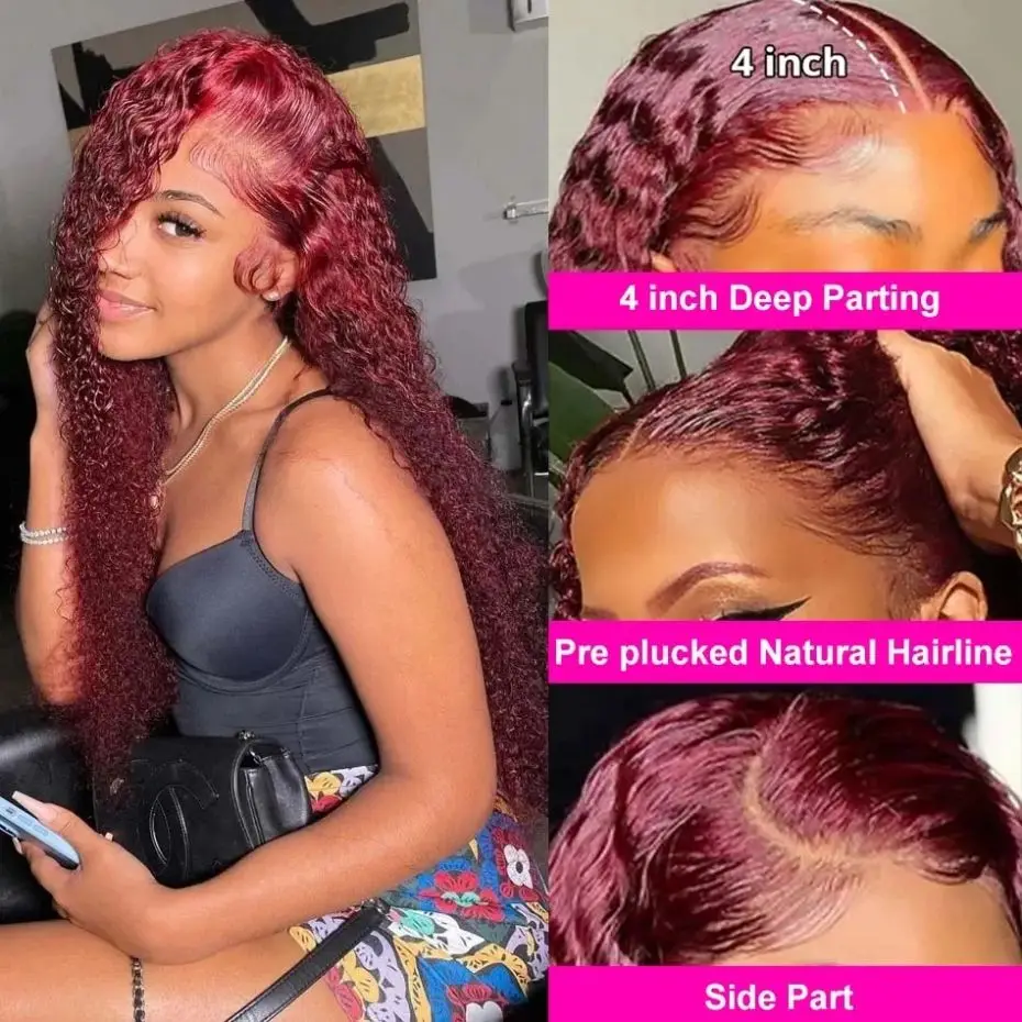 Deep Wave 99J Burgundy Red Colored 13x6 Lace Front Wig Curly Human Hair 13x4 Lace Frontal Wigs For Women Brazilian Pre Plucked