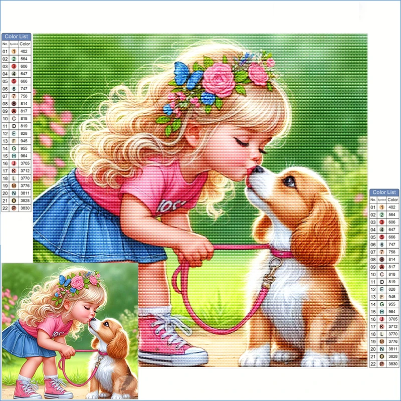 

Diamond Painting Novelty 2025 Diamond Art Fantasy Cute Little Blonde Girl Kiss Dog Mosaic For Children Needlework Handmade Gift