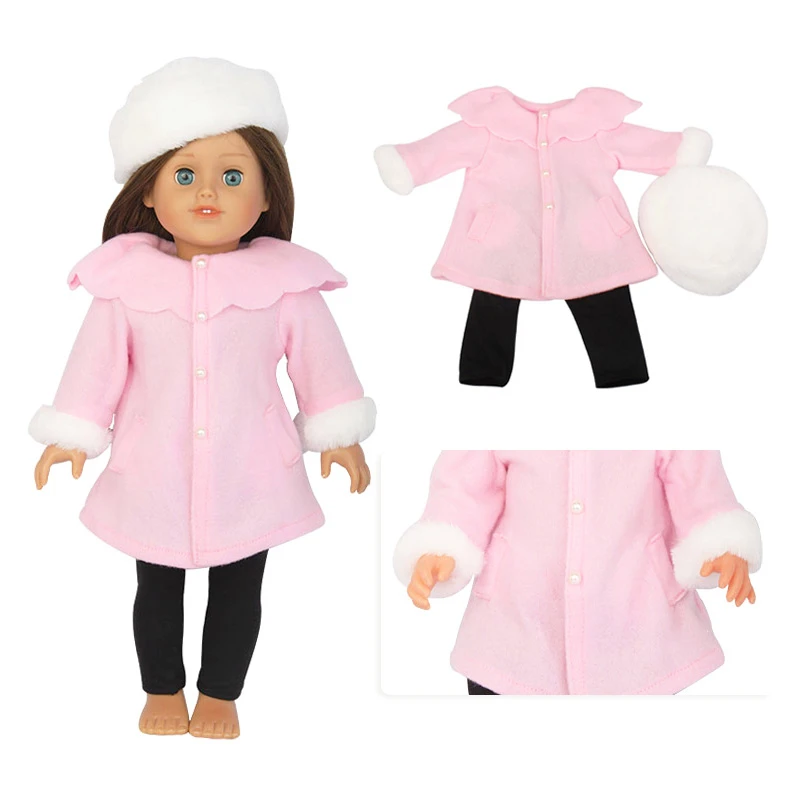 

Winter pink lotus collar coat with white plush hat set for 18 inch American doll doll clothing accessories wholesale supply