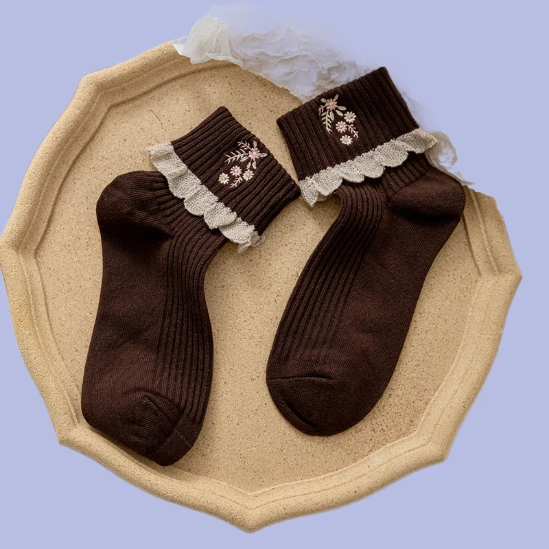 1/3 Pairs New Four Seasons New Mid-Tube Socks Women Cotton Edge Embroidery Women's Socks Korean Vertical Striped Stacked Socks