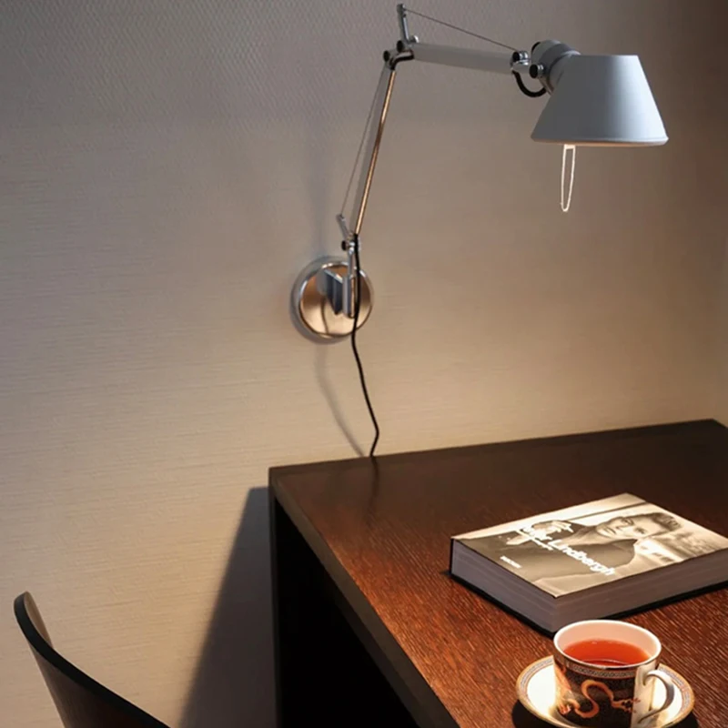 

2026 Modern Long Arm Wall Lamp Silver Black Metal E27 Bulb With Switch Rotatable For Bedroom Reading Study Parlor Sconce