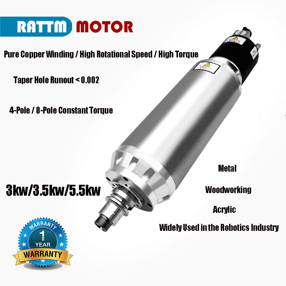 Husillo neumático ATC de 3kW, 3,5kW, 5,5kW BT30 refrigerado por agua, grabado/mecanizado de metal de precisión de alta velocidad para grabadoras