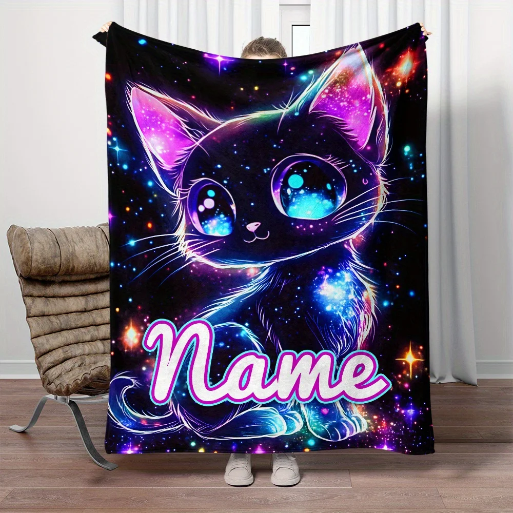 Personalized Starry Night Kitten Blanket with Soft Flannel Parabolas with Galaxy Pattern, Lightweight and Warm