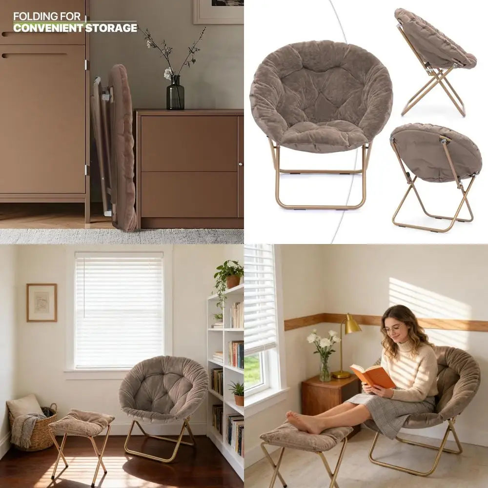 

Adult Folding Ottoman Chair, Cozy Reading Seat for Home & Dorm, Beige Furry Accent Furniture with Metal Leg