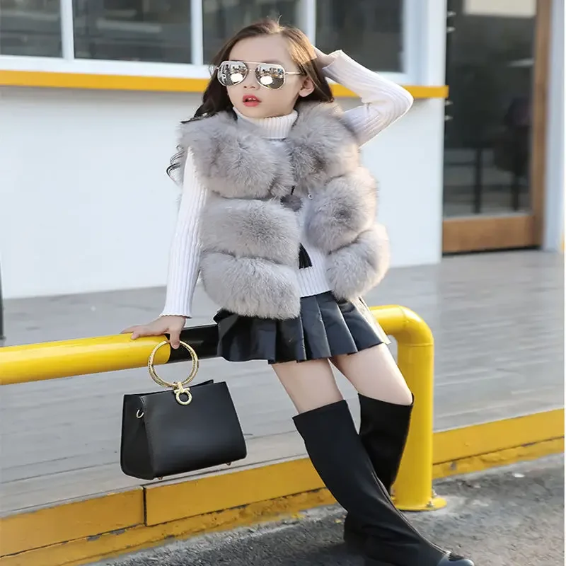 Children's Clothing Vest Baby Girls' New Solid Three-Spell Short Imitation Fox Fur Soft Warm 2023 Autumn Winter 5-10 Years Old