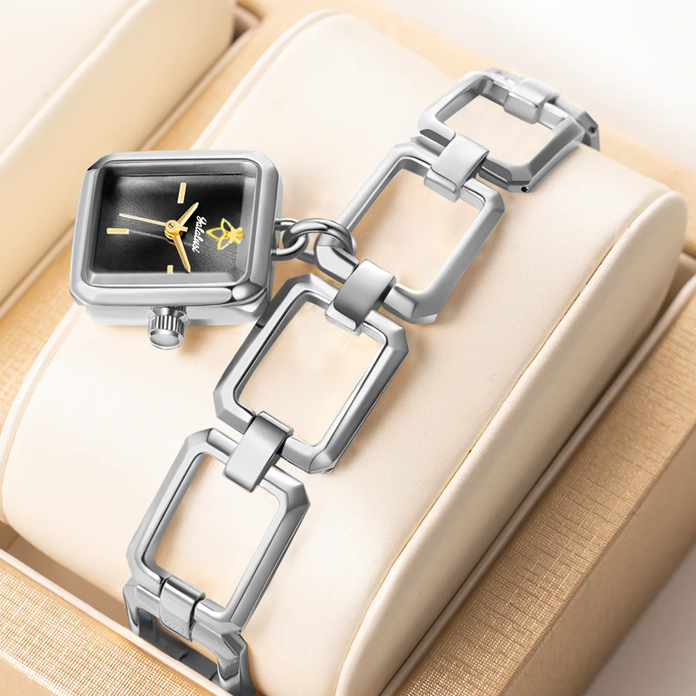 

Женские роскошные водонепроницаемые спортивные часы YaLaLuSi, маленькие квадратные кварцевые часы с серебряным корпусом, кожаные наручные часы с черным циферблатом, бесплатная доставка