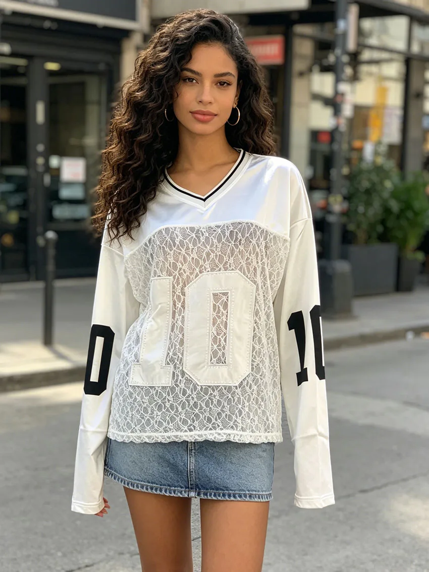 Y2K See Through Lace Splice Football Tee Women V Neck Number 10 Rhinestone Decor Star & RADIANT Print Oversized Streetwear Shirt