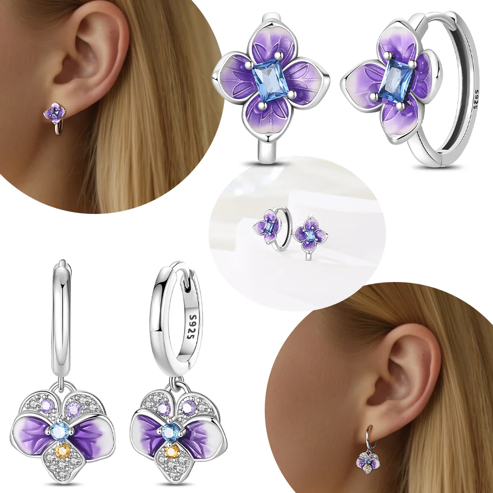 Purple Flowered Woman's Earring Hydrangea Earring Exquisite Original 925 Silver Valentine's Day Gift Jewelry Set Gift Accessory