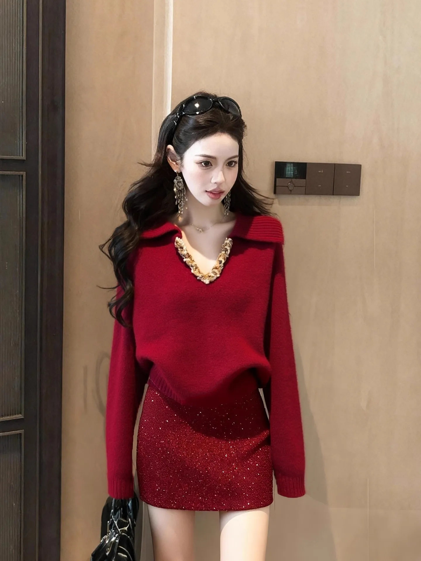 

Cisas Theme Knitted Sweater And ort Skirt Set for Women Ele Sle Red Color Age Reduction Perfect for Autumn Winter