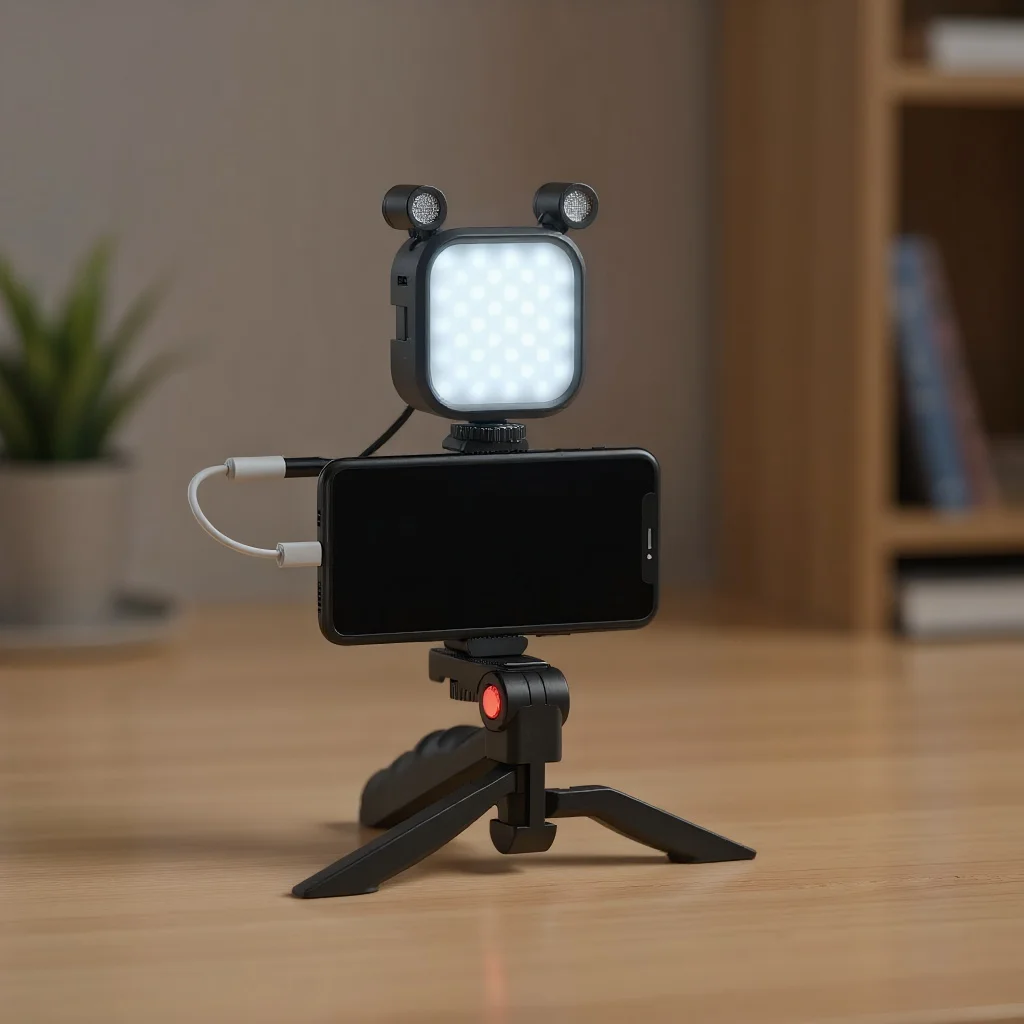 مجموعة تسجيل فيديو الهاتف الذكي - ميكروفون مراقبة وإضاءة LED للتسجيل المباشر على YouTube