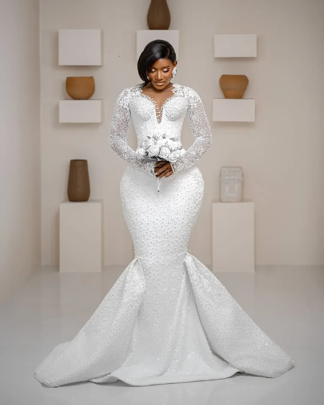 

Индивидуальное свадебное платье с прозрачным вырезом, блестящими жемчужинами и бисером, элегантное африканское свадебное платье Vestido De Noiva, роскошное свадебное платье с длинными рукавами