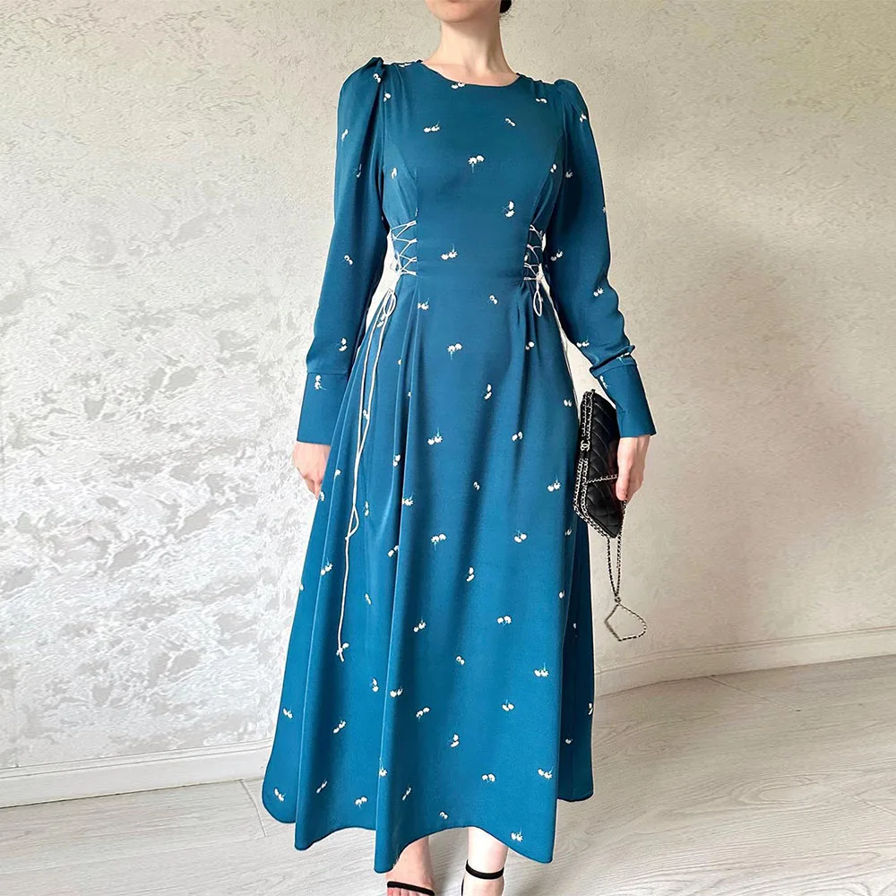 Printed Bandage Elegant Maxi Dress For Women Slim Patchwork Lace-Up Long Sleeve Fashion Dress Female Contrast Long Dress