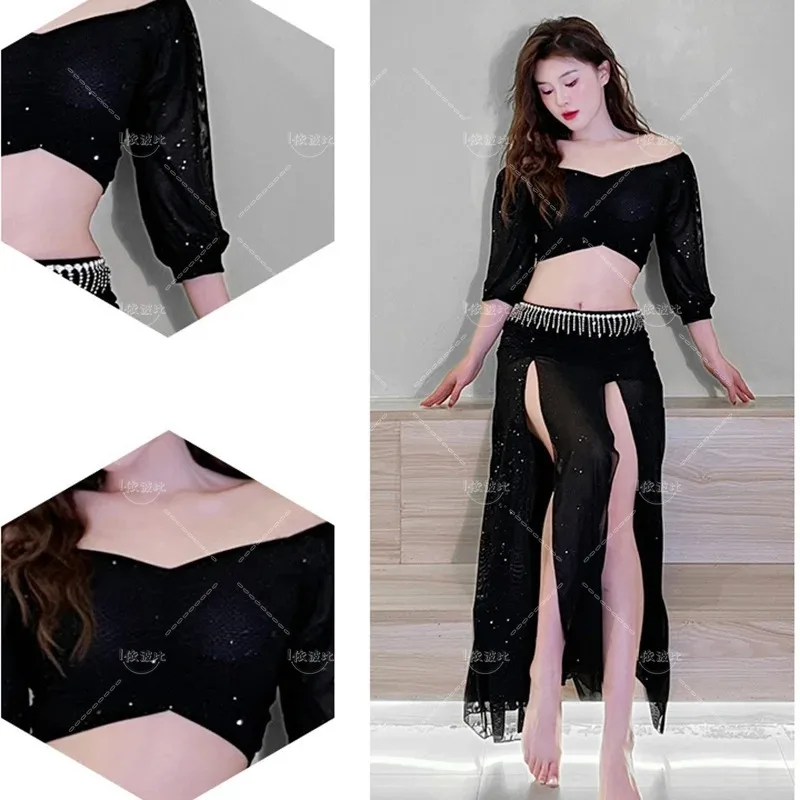 Conjunto de falda superior de danza del vientre, ropa de práctica, falda larga Sexy, traje de fiesta, traje de escenario Oriental, traje de Bollywood