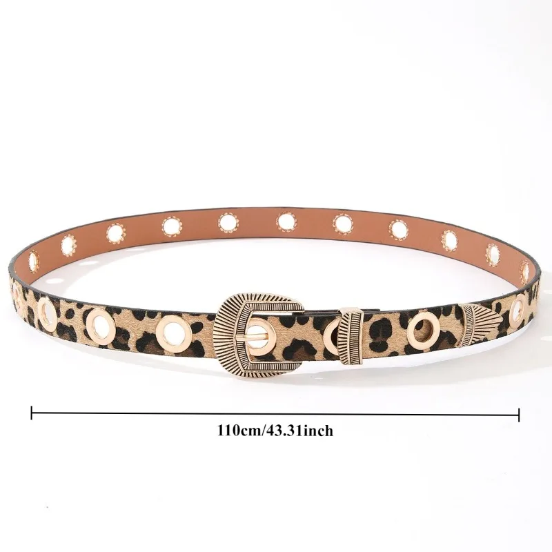 Trendy American-Style Leopard Print Openwork Belt Vintage Carved Gold Buckle Belt Trendy and Versatile Decorative Belts